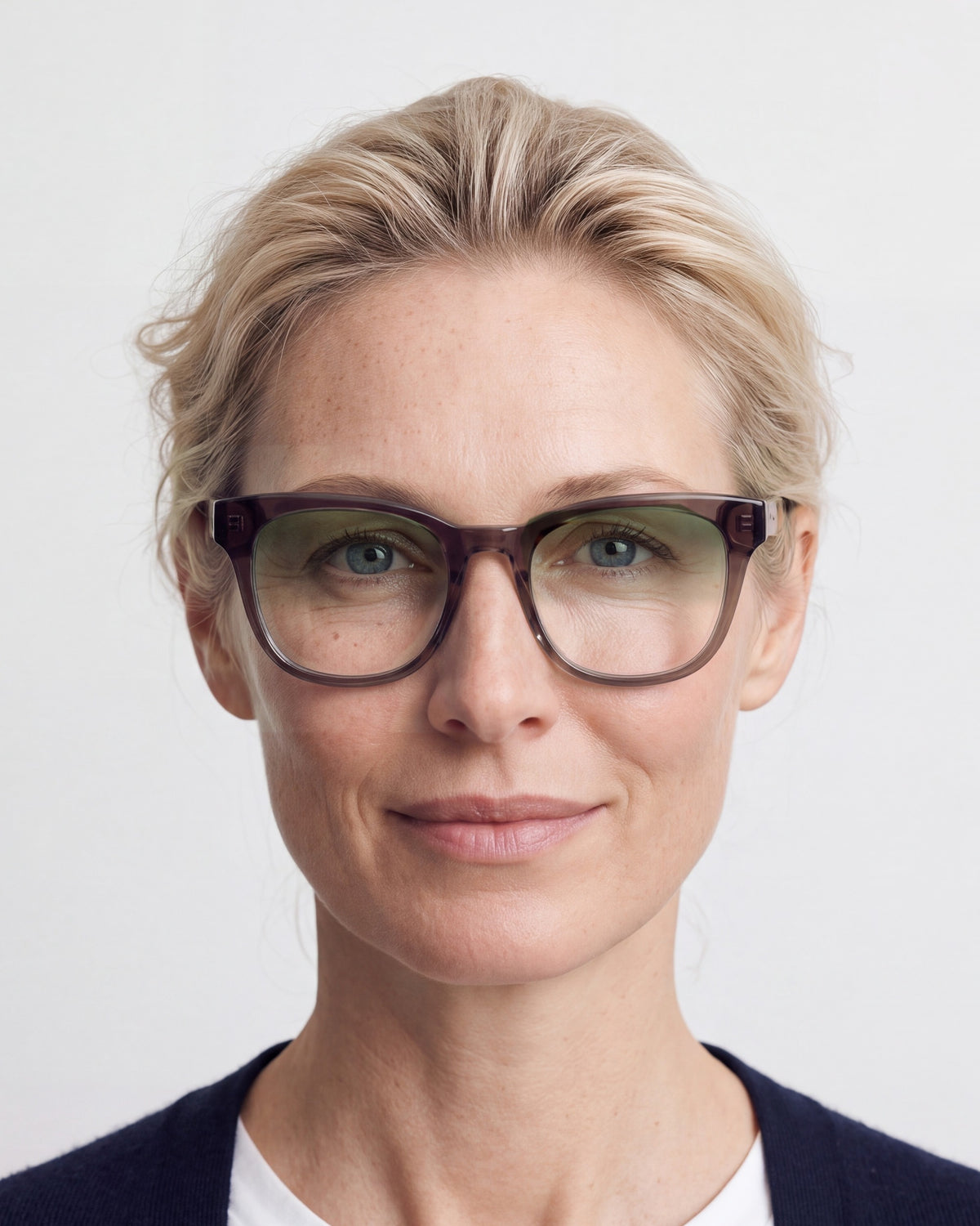 Zoey in dark brown, worn, Sage lenses